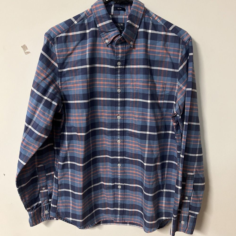 J Crew Shirt Mens M Flex Oxford Button‎ Down Long Sleeve Plaid Blue Orange